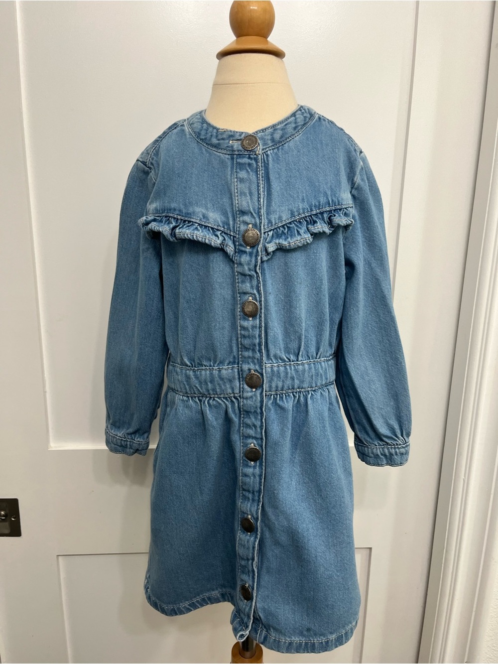 Classic Light Blue Denim Dress with Ruffle Yoke
